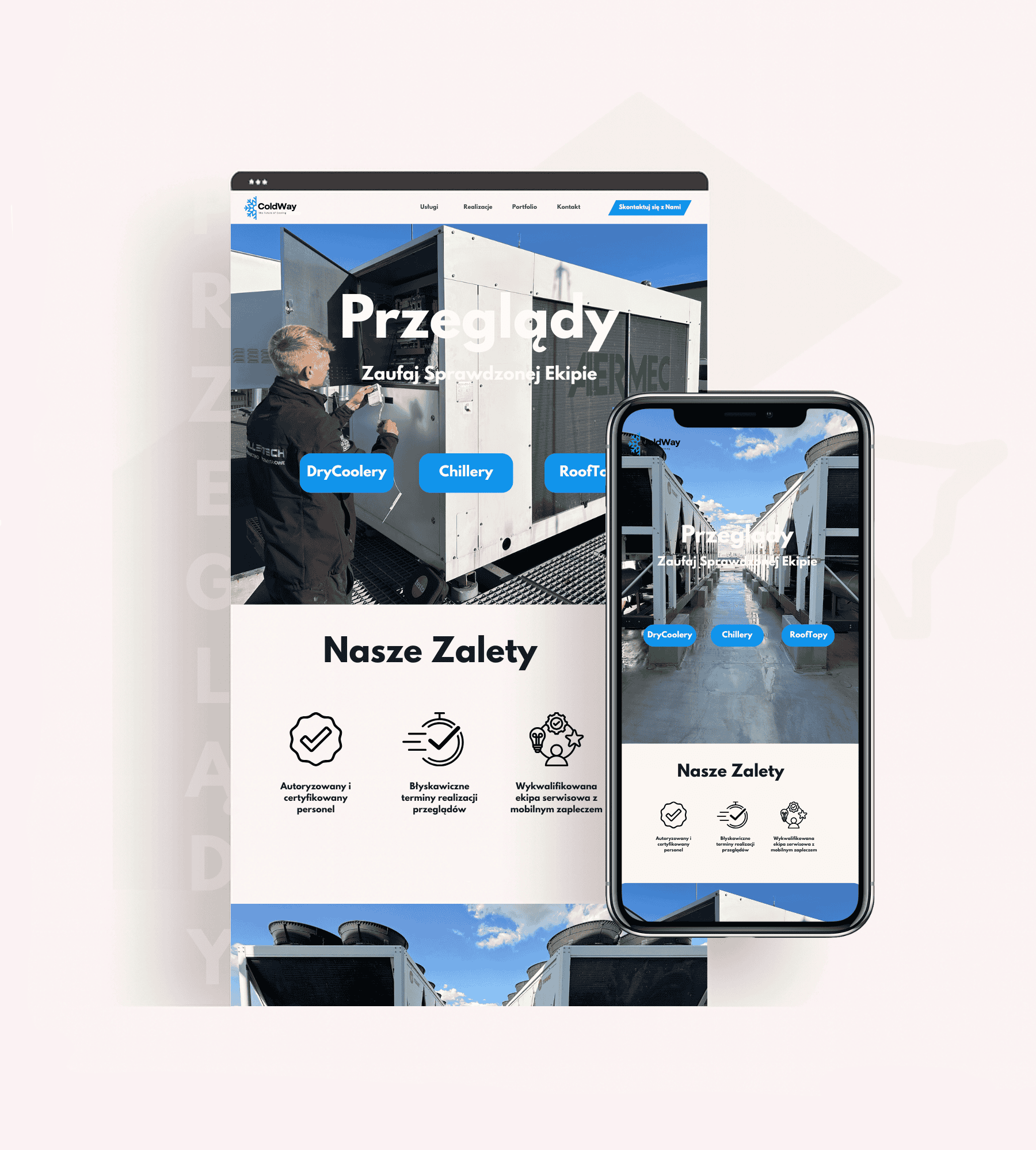 Strona internetowa z ofertą przeglądów urządzeń chłodniczych na komputerze i smartfonie.