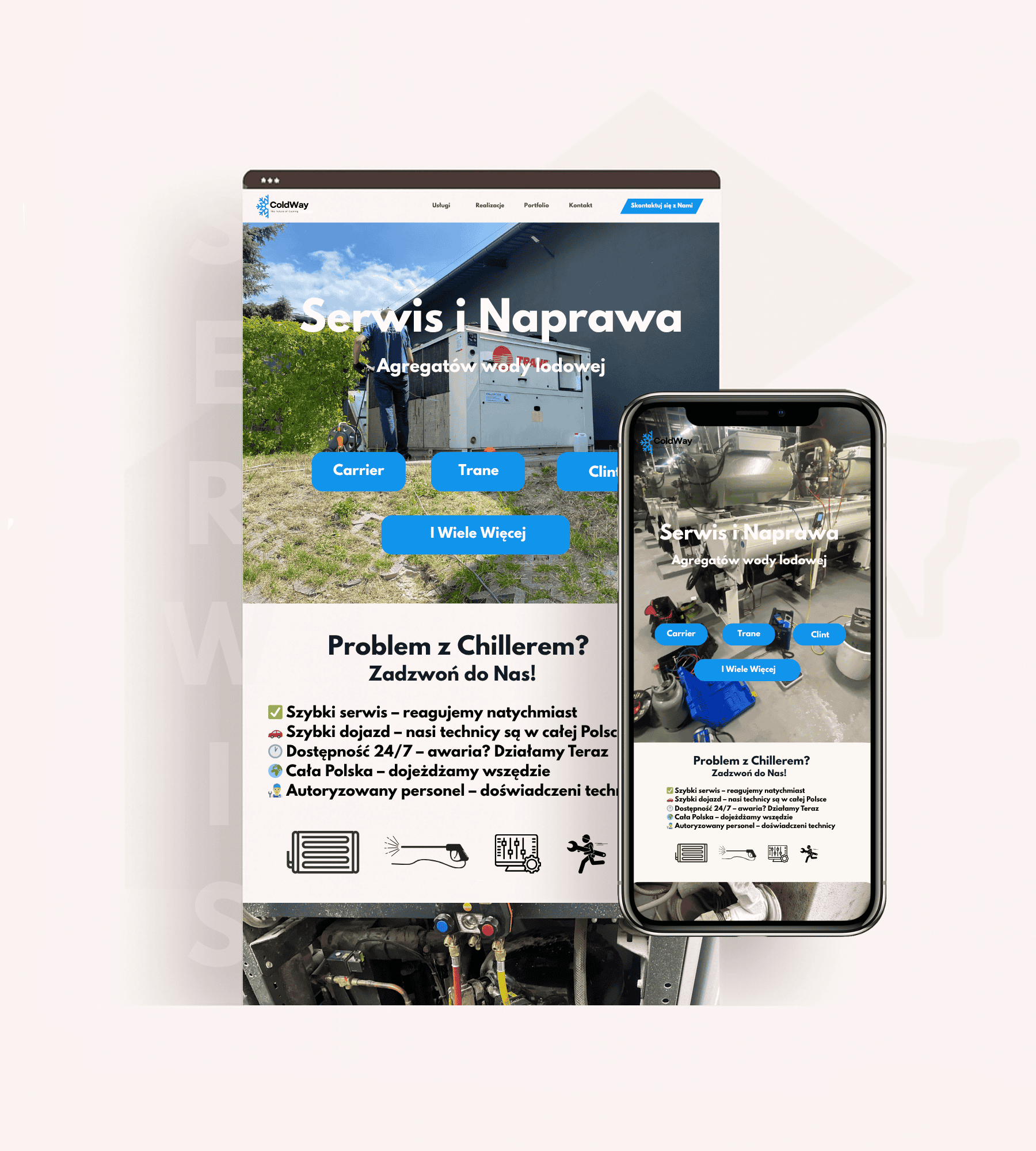 Strona internetowa serwisu chłodniczego wyświetlona na komputerze i telefonie.